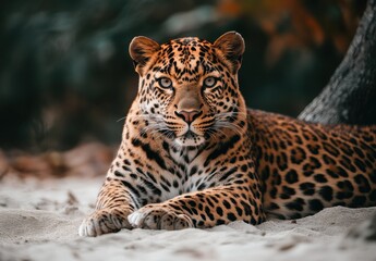 Obraz premium Majestic leopard resting gracefully on sandy ground amidst blurred foliage in a serene, natural environment, showcasing striking coat patterns and intense gaze