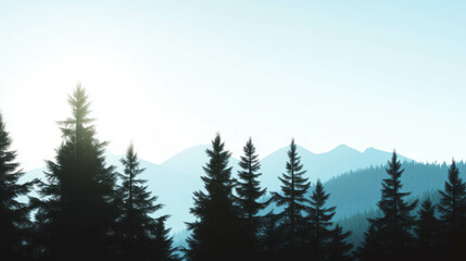 Fototapeta premium Tranquil morning silhouette with pine forest and mountains in soft light