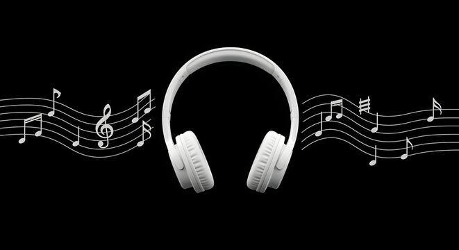 Auriculares blancos con notas musicales sobre un fondo negro

