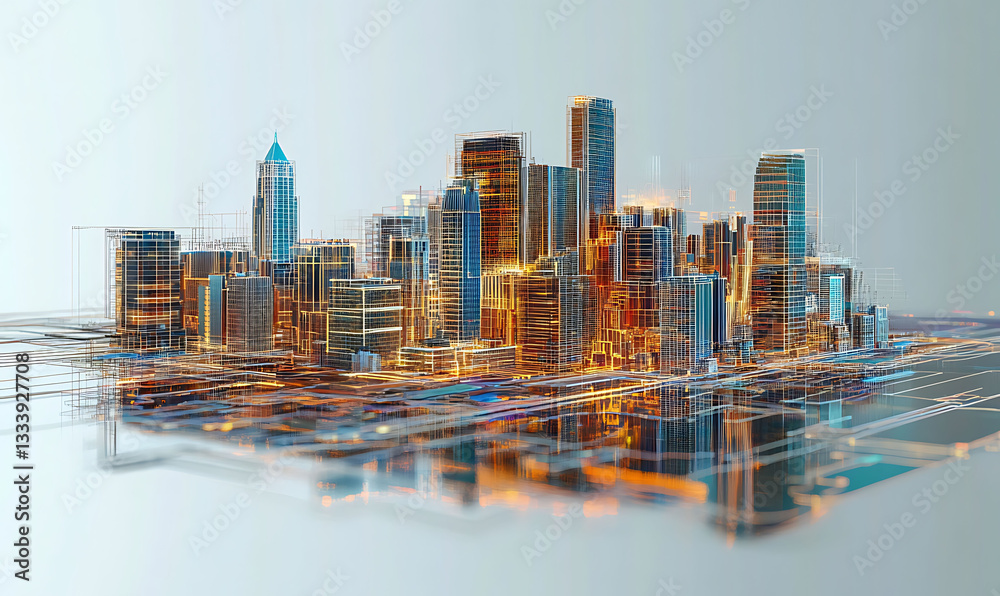 Poster futuristic ai driven architectural model floating as a holographic cityscape a complex dynamic and v