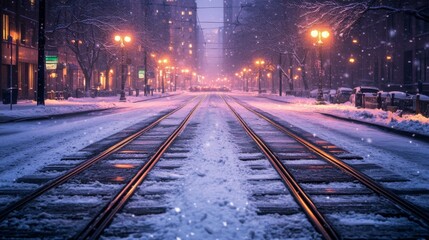 Fototapeta premium Snowy City Street Night Scene With Tram Tracks