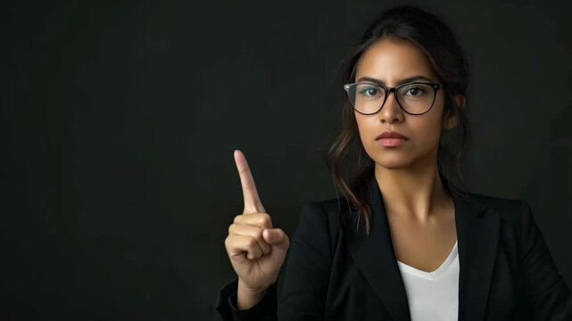 Confident woman raises finger to emphasize a point during a serious conversation in a professional setting
