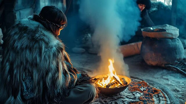 During the winter solstice, a shaman sits on a traditional rug, focusing on the flames of a ceremonial fire. Smoke swirls around, enhancing the mystical atmosphere of the Yakut ritual.
