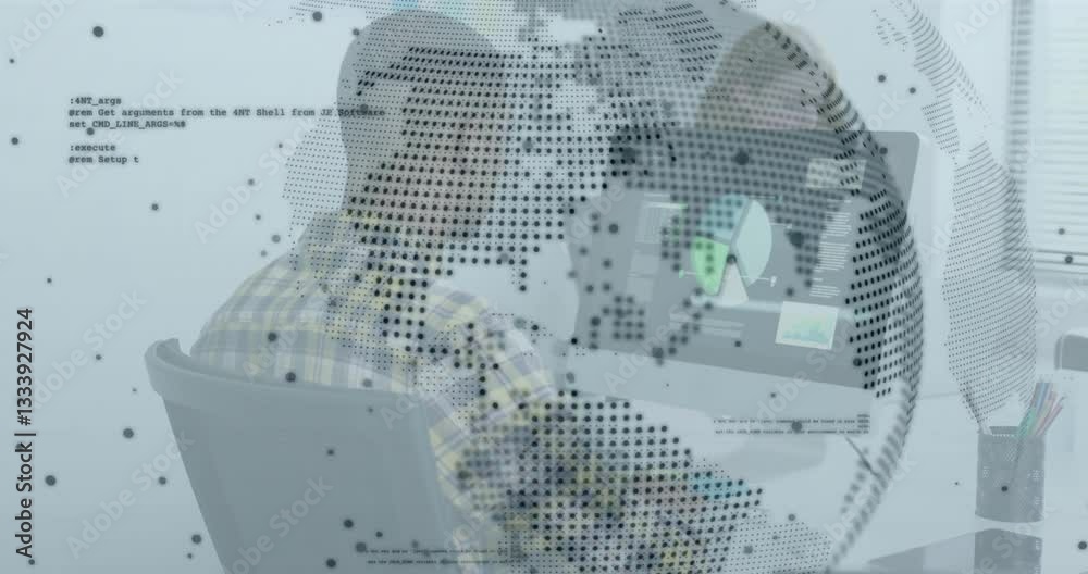 Poster man working at computer with digital globe and code overlay animation