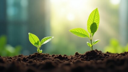 Fototapeta premium a pair of young, vibrant plants growing out of the soil, illuminated by soft sunlight