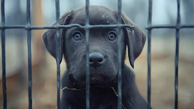 Puppy looks longingly through the fence at an animal shelter hoping for a loving home