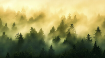 Obraz premium Mystical smoky forest landscape at dawn for nature and environment themes