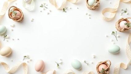 Obraz premium Easter eggs and decor, beautifully arranged with ribbons and floral accents. The pastel colored eggs and natural elements creates a lovely and festive atmosphere