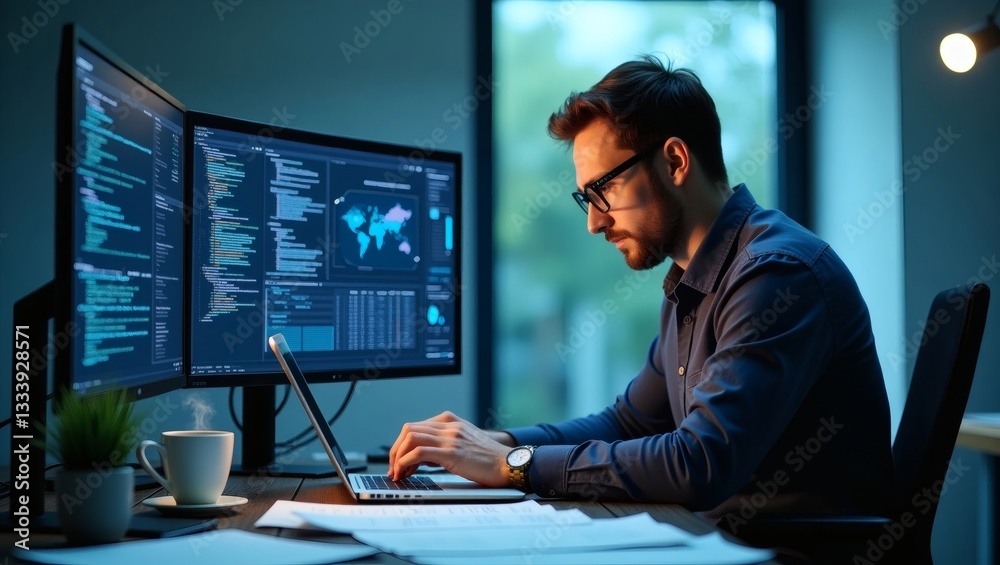 Poster a man working on his computer, coding on multiple screens, with focus and dedication, and with the soft glow of the screen and the surrounding environment