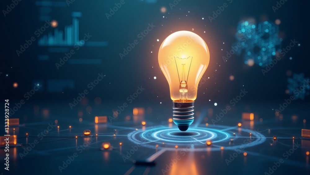 Poster glowing light bulb, representing an innovative idea or solution in a digital setting