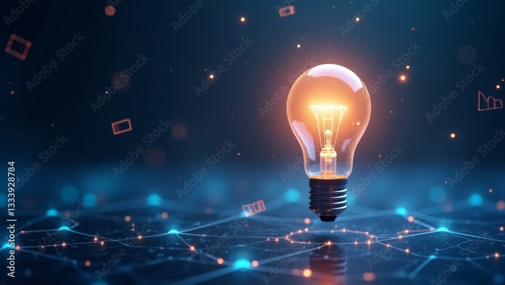 Poster a glowing light bulb illuminating a network of connected dots, representing ideas and innovation. The bulb is emitting a bright light and surrounded by particles