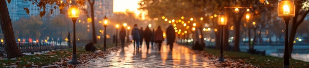 A scenic autumn walkway with people strolling under streetlights on a quiet evening. Generative AI