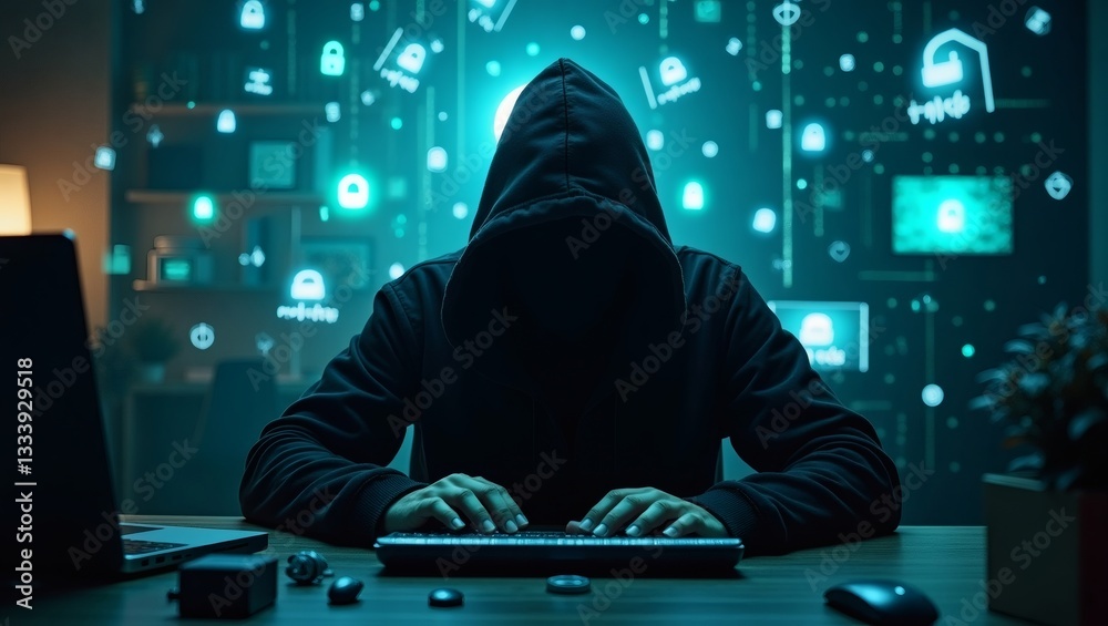 Poster a hooded figure is intensely focused, typing on a keyboard, with a digital backdrop