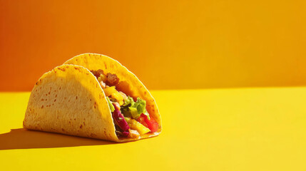 Vibrant taco on a bright yellow background for food and design projects