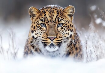 Fototapeta premium Majestic leopard resting in snowy landscape with sharp focus on face showcasing fur patterns and intense gaze capturing the essence of wildlife photography