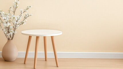 A minimalist room featuring a round white table and a vase of flowers against a soft beige wall, creating a serene and stylish atmosphere.