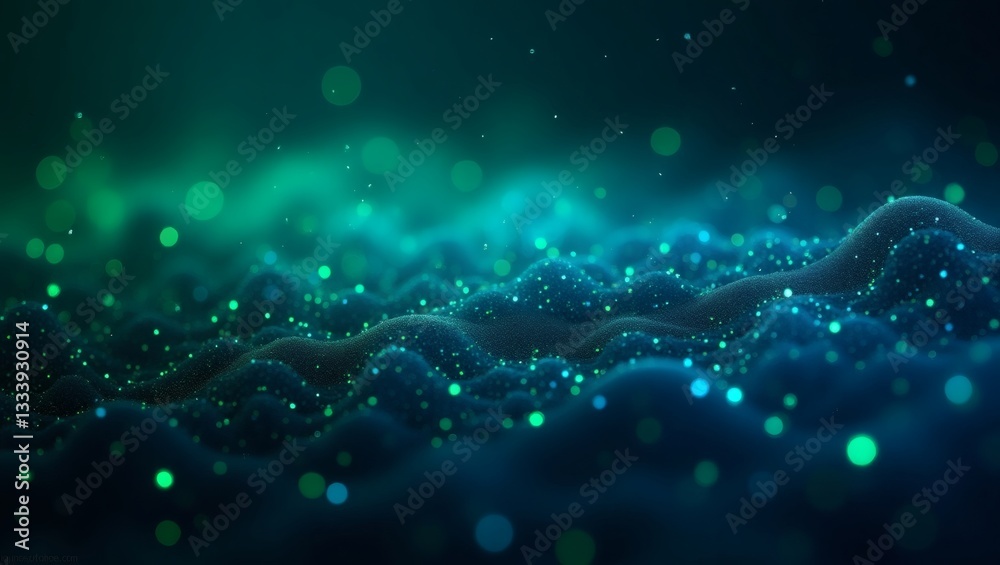 Poster an abstract image of a sea of luminous particles or points in shades of blue and green, resembling an energy field or digital data