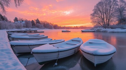 Snow Covered Boats at Sunrise Winter Scene