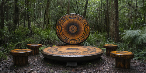 Fototapeta premium Wooden circular seating area in lush forest setting, featuring intricate carvings