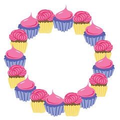 circular wreath made of colorful cupcakes with pink frosting, perfect for bakery branding, birthday invitations, greeting cards, posters, and digital designs.