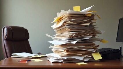 a desk overloaded with piles of documents and sticky notes, representing a chaotic and busy office environment. It conveys a feeling of overwhelming workload