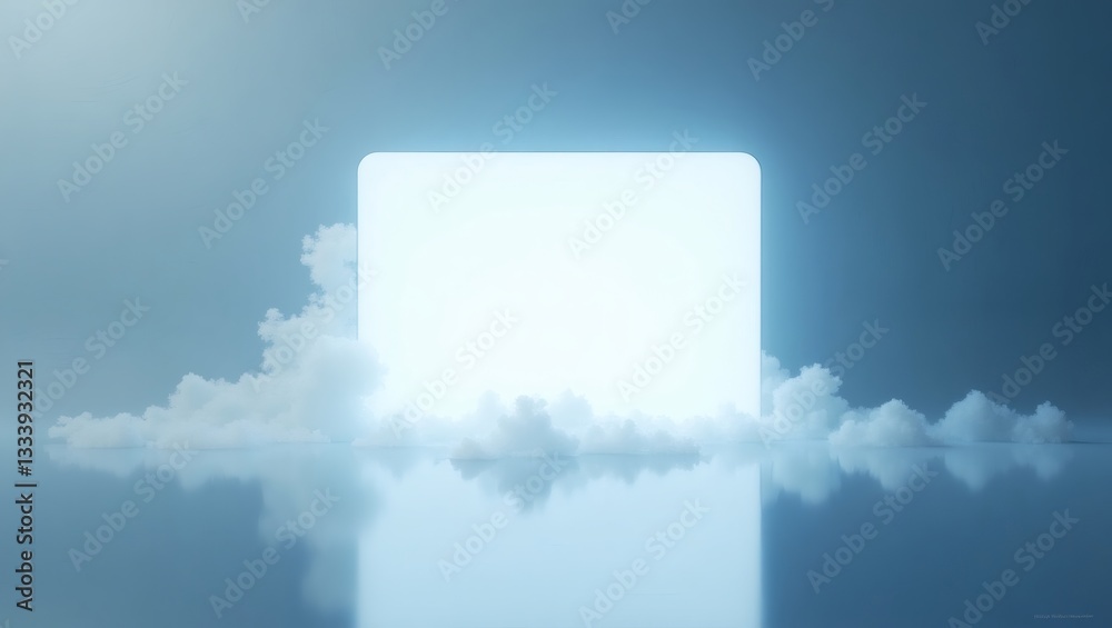 Poster A luminous square screen floating above fluffy clouds with a reflection on the water, evoking a sense of serenity and innovation. The screen emanates a soft glow, suggesting a portal to another realm.