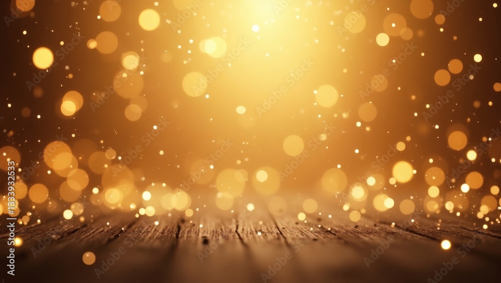 Poster sparkling golden bokeh lights create a magical atmosphere on a wooden surface