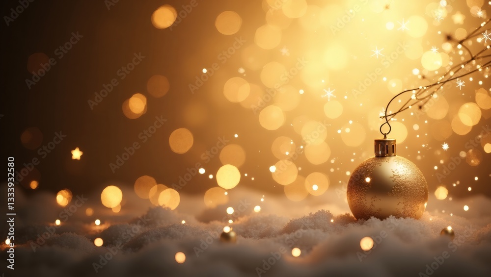 Poster a golden christmas ornament hanging, adorned with shimmering lights and bokeh effect creating a fest