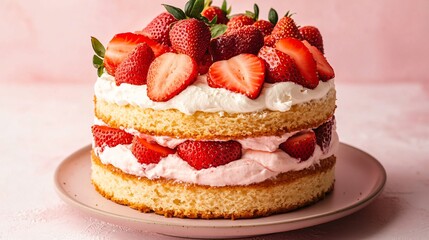 A strawberry shortcake-style sponge with layers of fresh strawberries, mascarpone cream, and a light sponge base, set against a soft pink backdrop