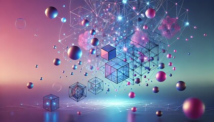 Glowing geometric shapes floating over a smooth gradient, creating a surreal and futuristic background wallpaper