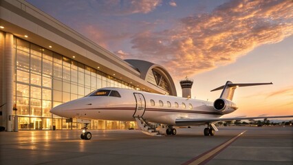 A sleek private jet parked at an airport terminal under a colorful sunset, highlighting luxury travel and modern aviation.