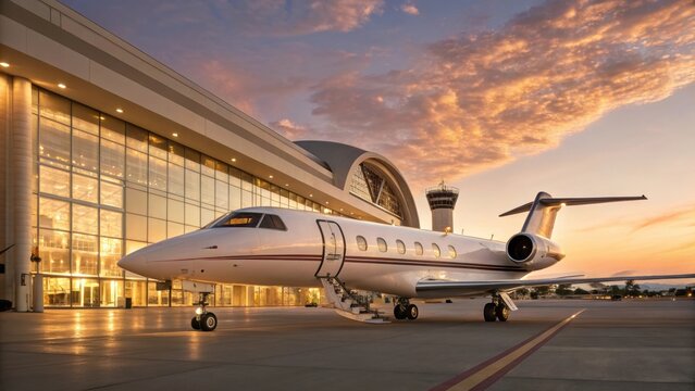 A sleek private jet parked at an airport terminal under a colorful sunset, highlighting luxury travel and modern aviation.