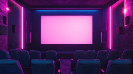 Obraz premium A modern home cinema room illuminated with neon lighting