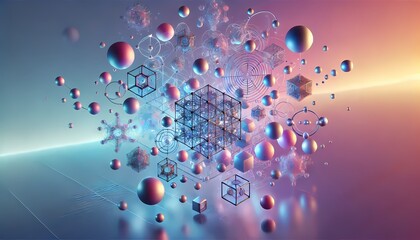 A luminous abstract background wallpaper featuring floating geometric shapes over a tranquil gradient