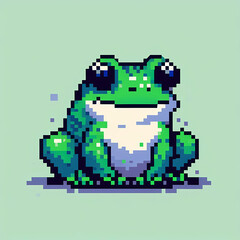 Obraz premium Pixel art frog with a smile on solid background.