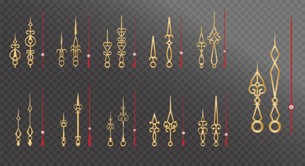 PrintSet of Realistic Vintage Clock golden colored or Ornate Clock Hands Collection isolated.