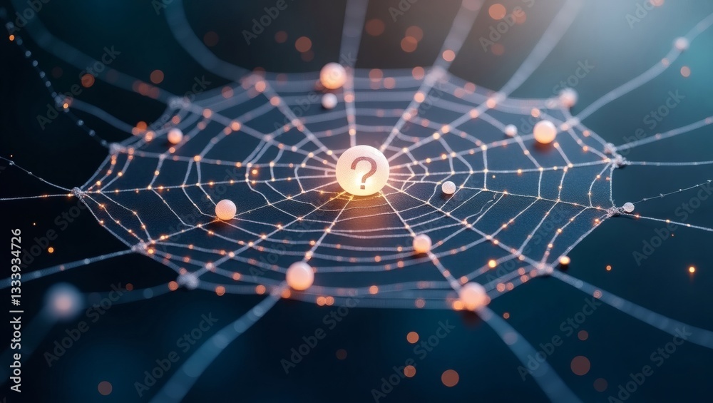 Poster a digital spiderweb with a question mark in the center, with interconnected lines representing a network, symbolizing uncertainty and digital concepts