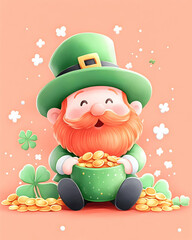Naklejka premium Cute leprechaun with gold coins, festive illustration