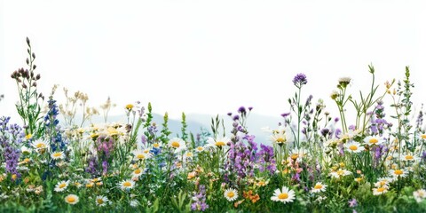 Fototapeta premium Vibrant wildflower meadow blooming in spring with colorful blossoms and lush greenery on a sunny day