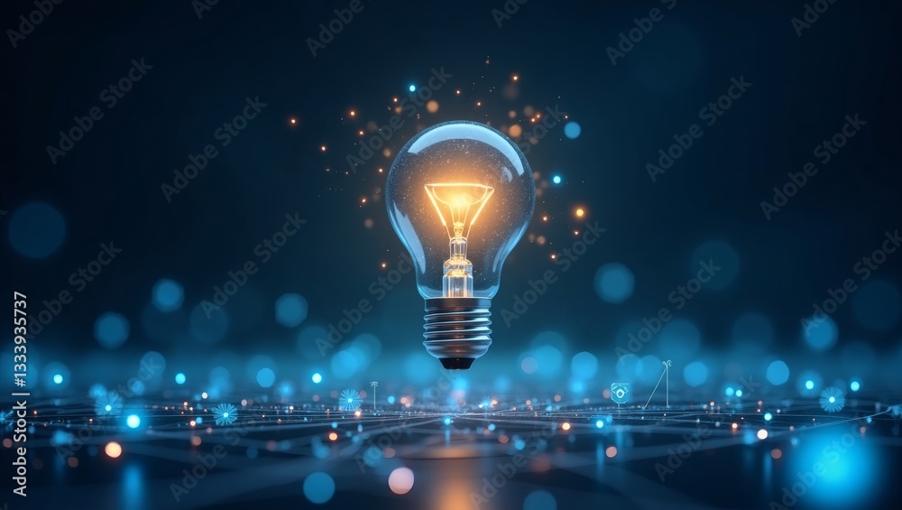 Poster a glowing light bulb representing an idea or innovation. the light bulb shines brightly, surrounded 