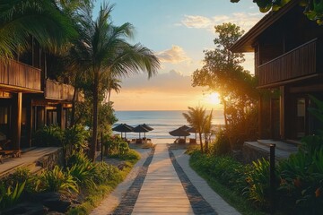 Fototapeta premium Tranquil Pathway to Tropical Beach at Sunset in Coastal Resort