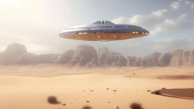 Flying saucer hovers over desert landscape while sun sets behind distant mountains