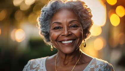A joyful portrait of an elderly African-American woman in nature, perfect for promoting happiness, wellness, or family-centered events and senior lifestyle material.