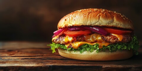 Juicy burger with fresh toppings served on wooden table in a rustic setting during evening