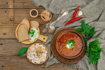 Traditional Ukrainian borscht. Hot dish, national red soup, served in classic style.
