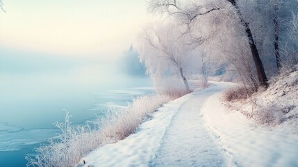 Winter Pathway Beside a Misty Frozen Lake