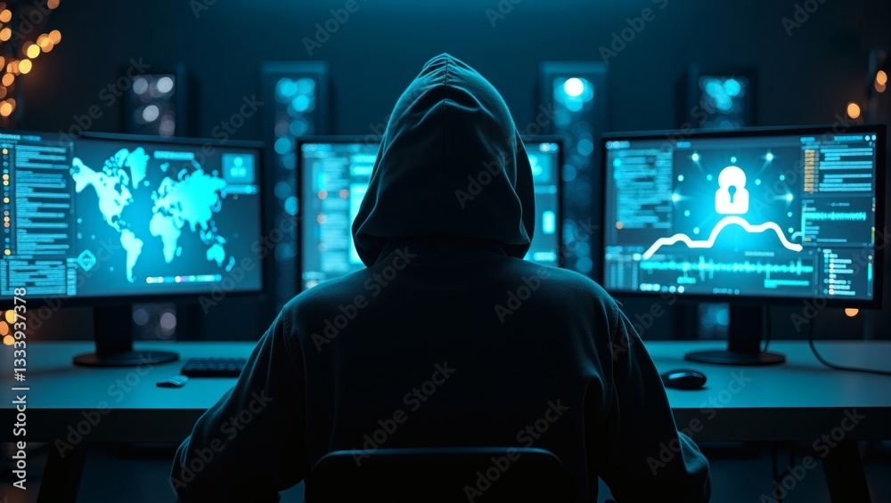 Poster a hacker sitting in front of multiple computer screens