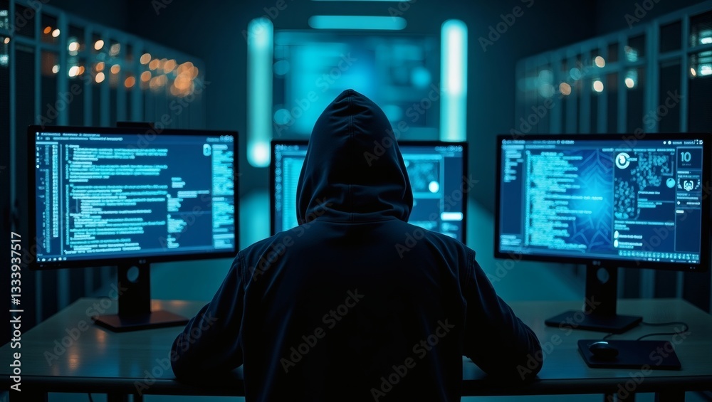 Poster a hooded hacker sitting in front of multiple computer monitors, displaying code on a dark background