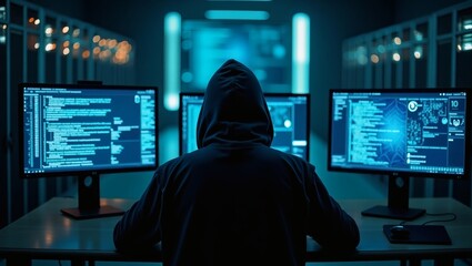 a hooded hacker sitting in front of multiple computer monitors, displaying code on a dark background