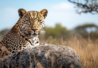 Fototapeta premium Majestic leopard resting on a rock in the savannah with striking patterns, intense gaze, and surrounding natural landscape under a bright sky